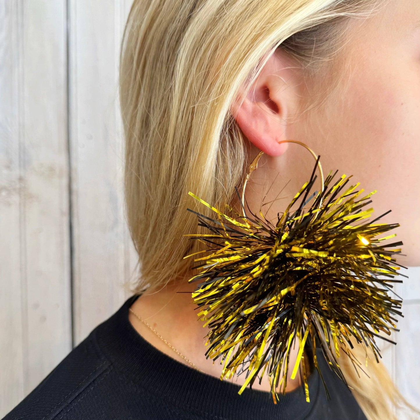 Black & Gold Hoop Pom Pom Earrings
