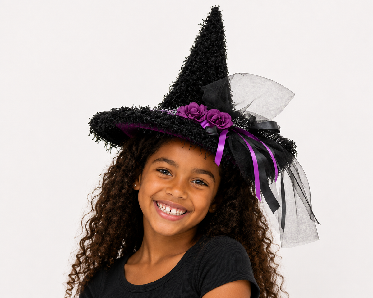 Shaggy Witch Hat with Rose Band