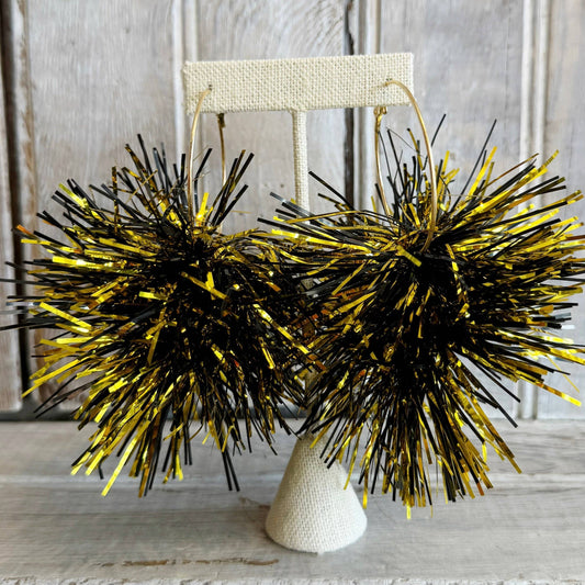 Black & Gold Hoop Pom Pom Earrings