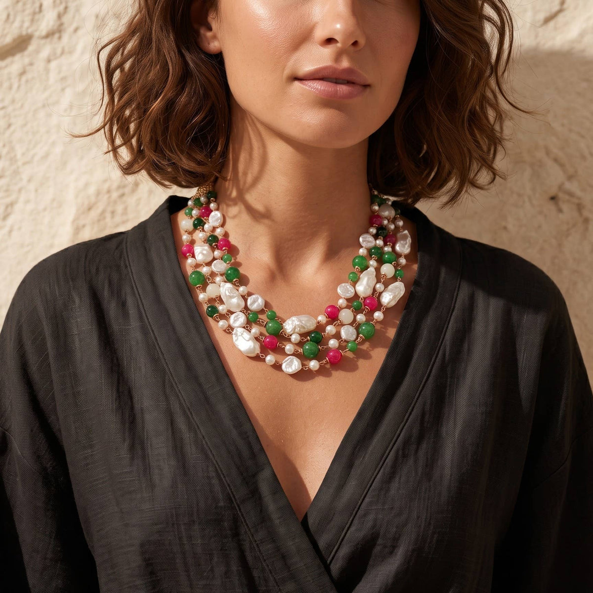 Chunky Multistrand Boho Pearl Bead Necklace
