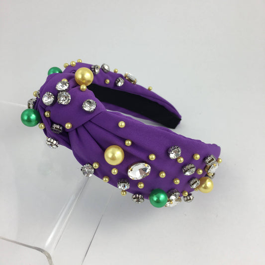 Mardi Gras Knot Headband with Pearls and Rhinestones