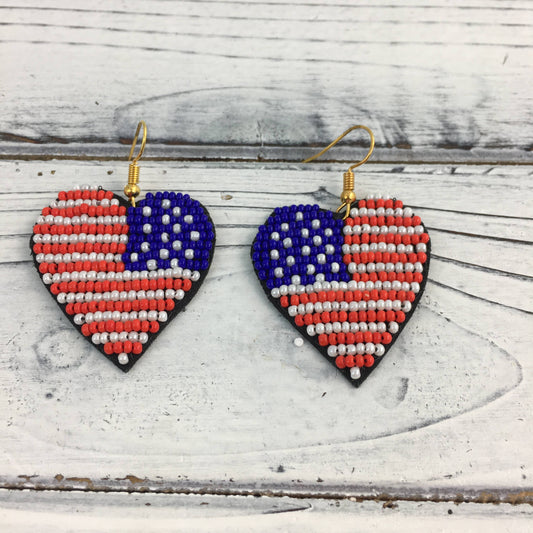Beaded Flag Heart Earrings