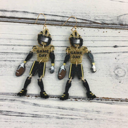 Black and Gold Glitter Football Player Earrings