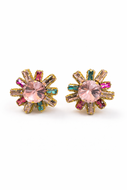 Pink Multi Rhinestone Burst Stud Earrings