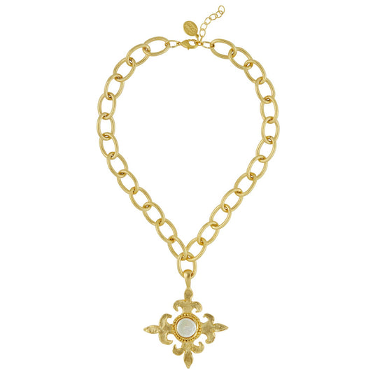 Gold Fleur Cross & Pearl Loop Chain Necklace