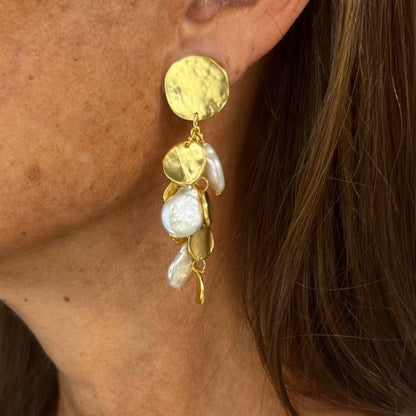 Coin & Pearl Chandelier Drop Clip-On Earrings