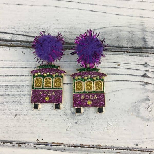 Mardi Gras Streetcar Pom Earrings