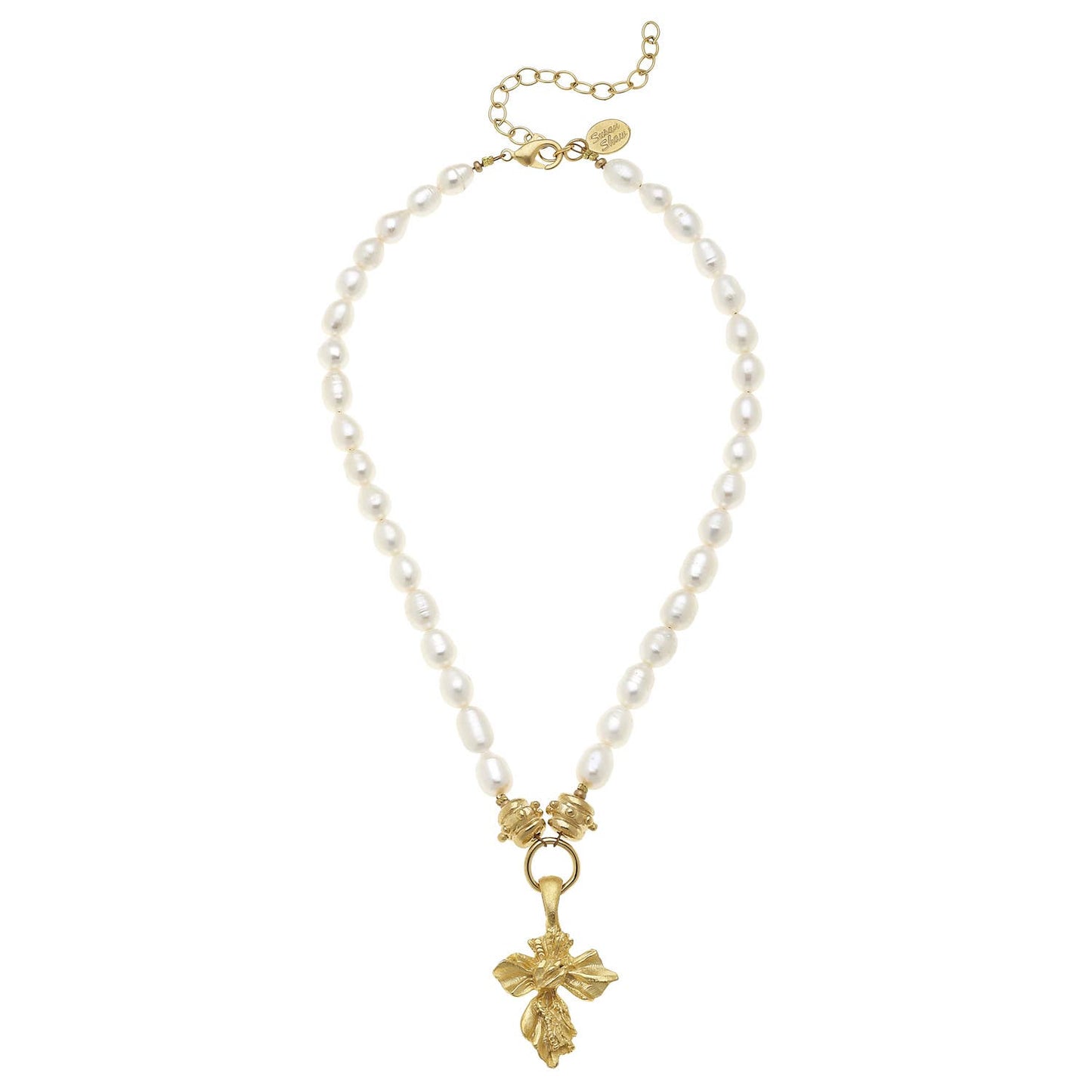 Gold Vintage Cross on Genuine Freshwater Pearls Necklace