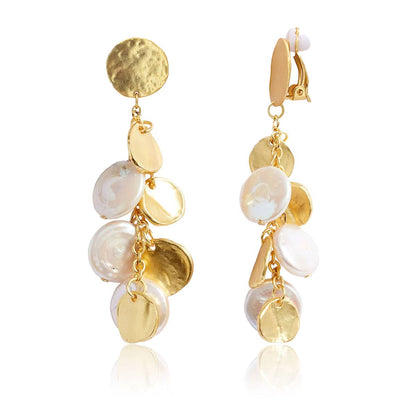 Coin & Pearl Chandelier Drop Clip-On Earrings