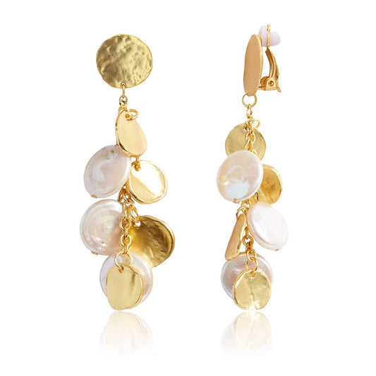Coin & Pearl Chandelier Drop Clip-On Earrings